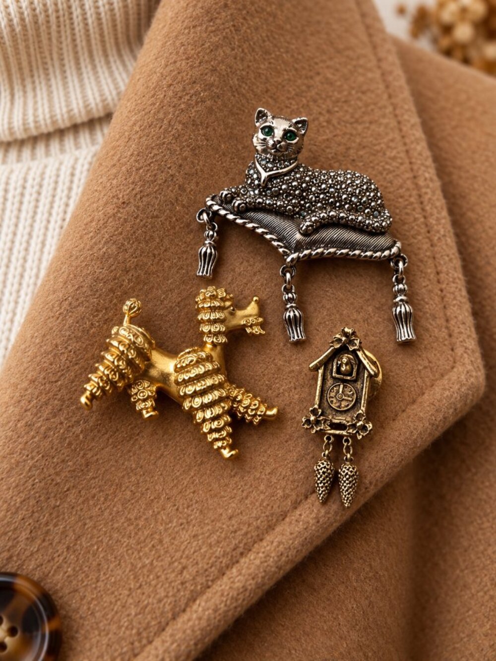 Vintage Figural Brooch Lot Cat Poodle & Cuckoo Clock Pins